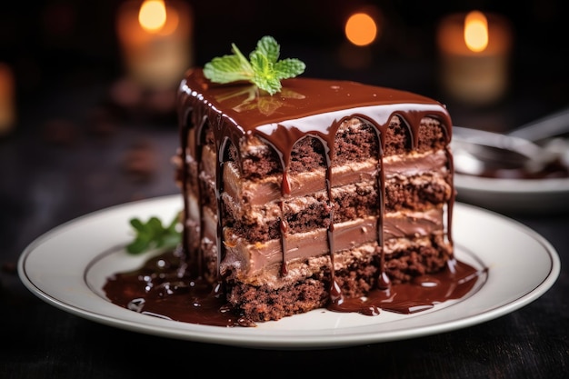 Slice of chocolate cake stuffed with brown cream