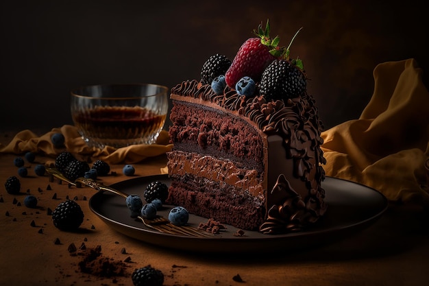 Photo a slice of chocolate cake with berries on top