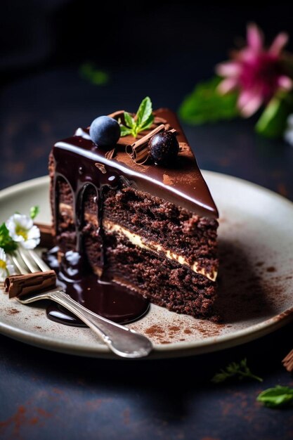 a slice of chocolate cake with a blueberry on the top.