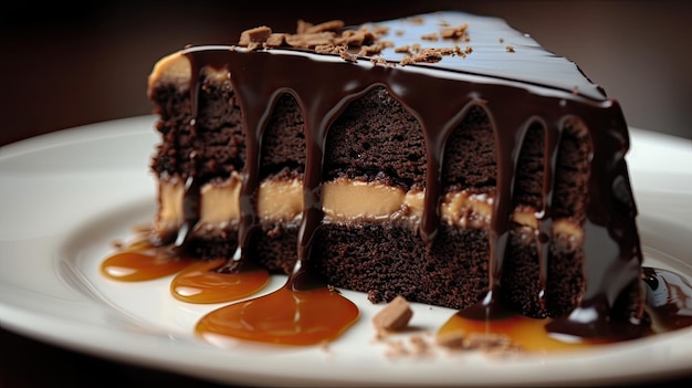 Кусочек шоколадного торта с карамельным соусом сверху.