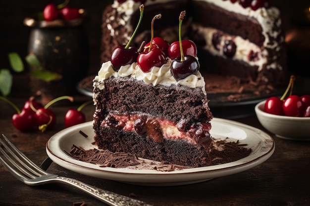 A slice of chocolate cake with cherries on top