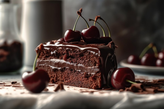 A slice of chocolate cake with cherries on top