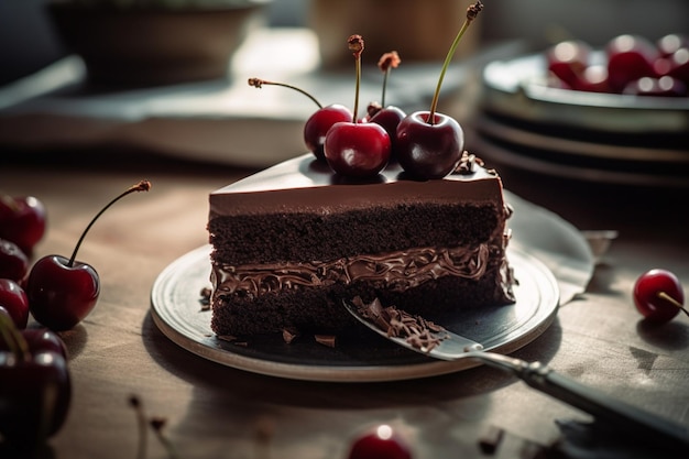 A slice of chocolate cake with cherries on top