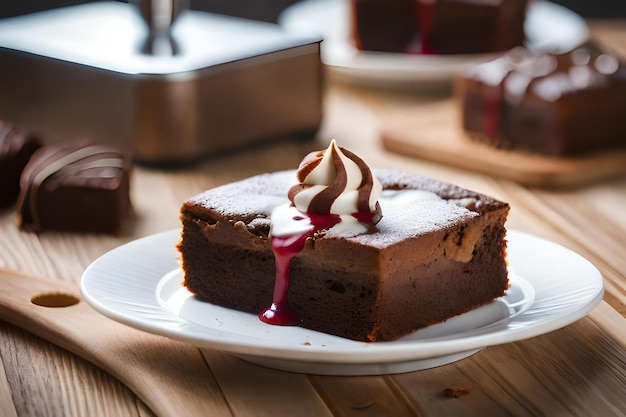 チェリーが上に乗っているチョコレート ケーキのスライス。