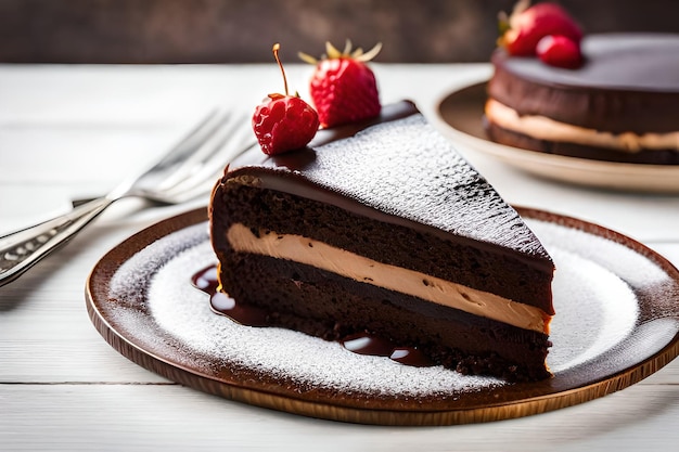 A slice of chocolate cake with chocolate frosting and raspberries on top