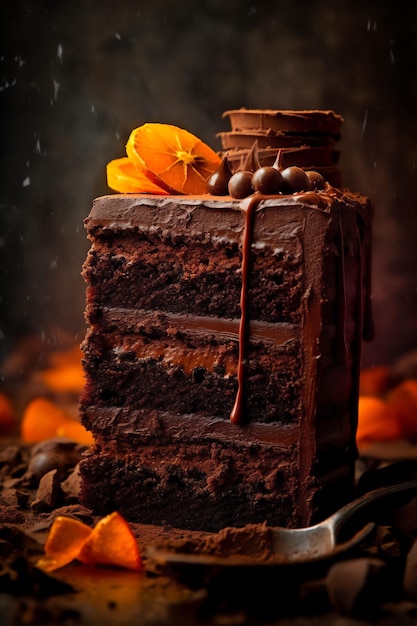 A slice of chocolate cake with chocolate icing and orange flowers.