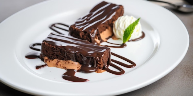 A slice of chocolate cake with chocolate sauce and mint on top.