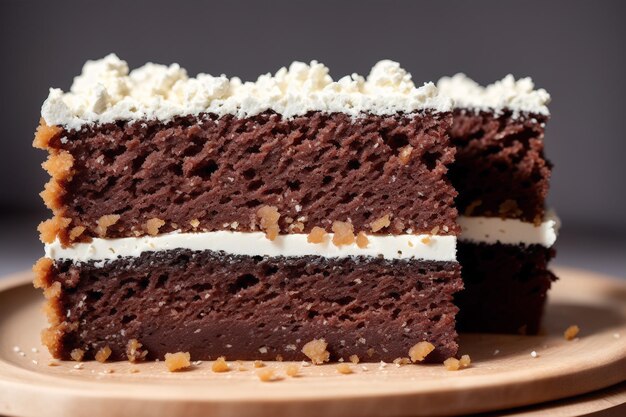 A slice of chocolate cake with coconut cream on top