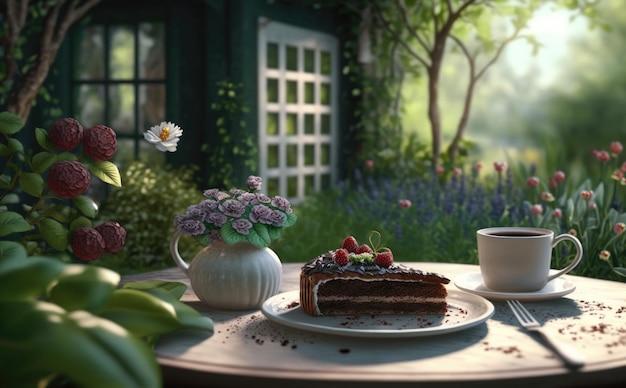 A slice of chocolate cake with a cup of coffee on a table in a garden cafe. ai generated