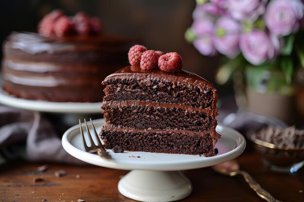 A slice of chocolate cake with a fork resting next to it