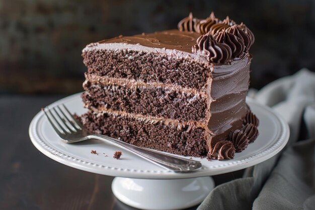 A slice of chocolate cake with a fork resting next to it