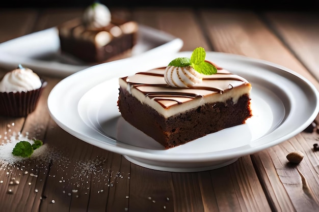 A slice of chocolate cake with a mint leaf on the top.