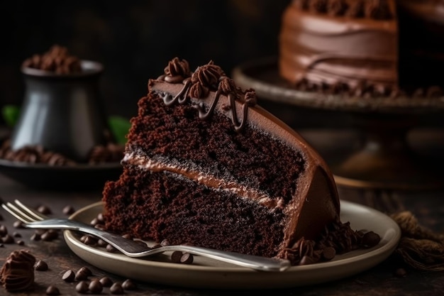 A slice of chocolate cake with peanut butter and chocolate on top