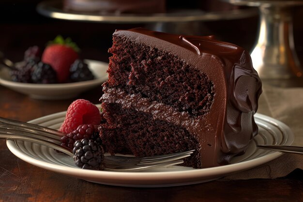 A slice of chocolate cake with a piece of cake on a plate with a fork.