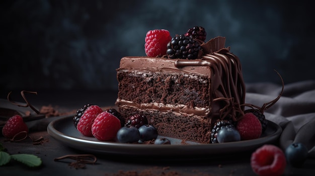 A slice of chocolate cake with raspberries and blackberries on top