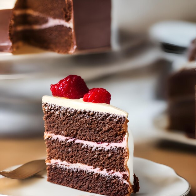 라스베리 위에 초콜릿 케이크 한 조각.