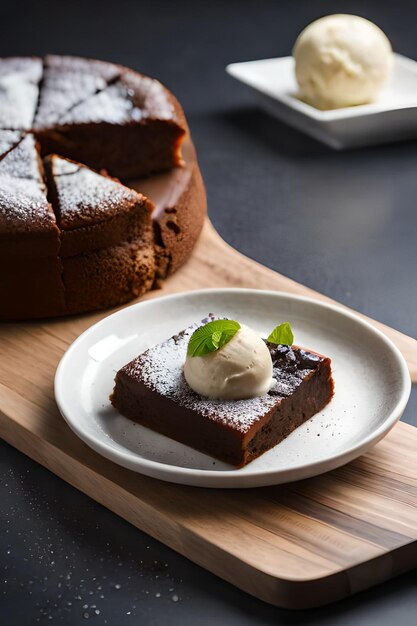 A slice of chocolate cake with a scoop of vanilla ice cream on a plate.