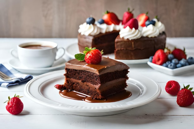 上にイチゴをのせたチョコレート ケーキのスライス