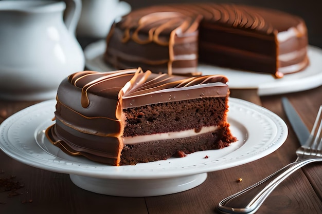 上半分が欠けたチョコレート ケーキのスライス。