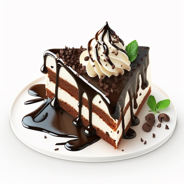 A slice of chocolate cake with whipped cream and chocolate sauce.