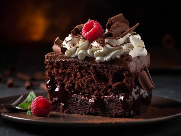 A slice of chocolate cake with whipped cream and chocolate shavings.