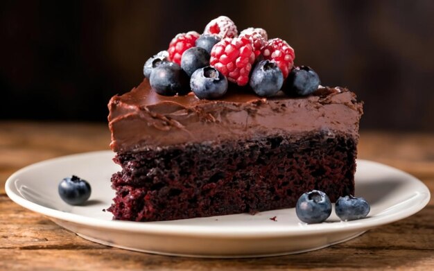 A slice of chocolate caramel cake in a wooden plate