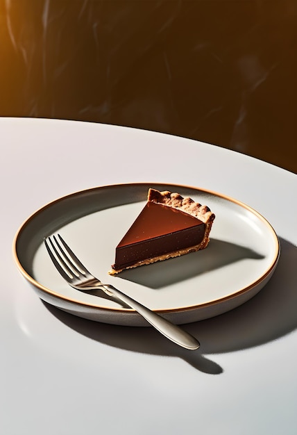 A slice of chocolate pie sits on a plate with a fork.