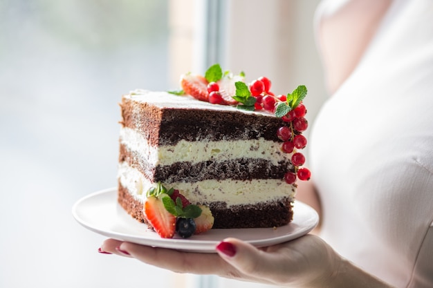 Slice of chocolate sponge cake