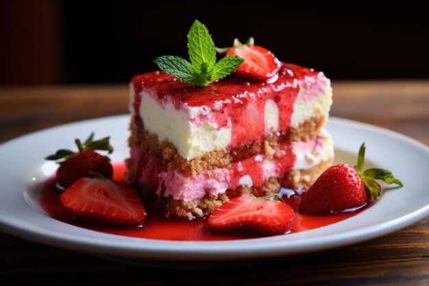 Photo slice of creamy strawberry cheesecake garnished with fresh mint on a white plate