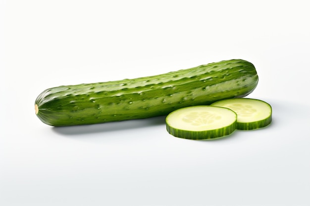 Slice of cucumber with flowing water isolated on white background