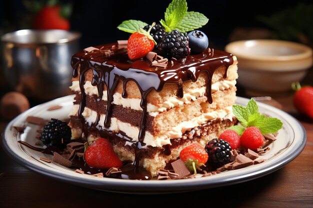 На тарелке кусочек вкусного шоколадного торта.