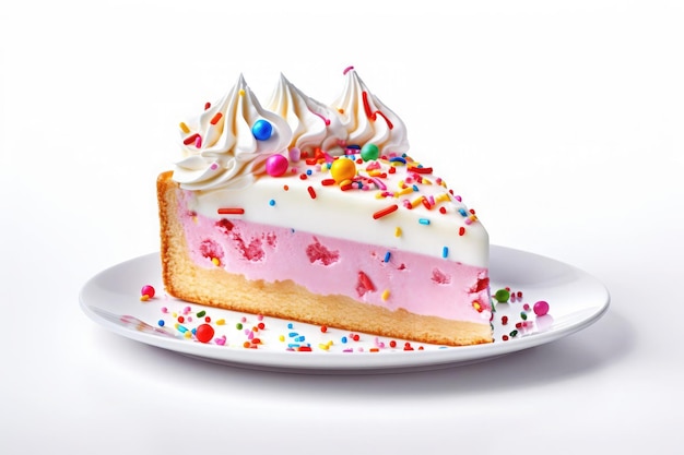 A slice of a delicious frosted birthday cake featuring a decorative design and pastel colors