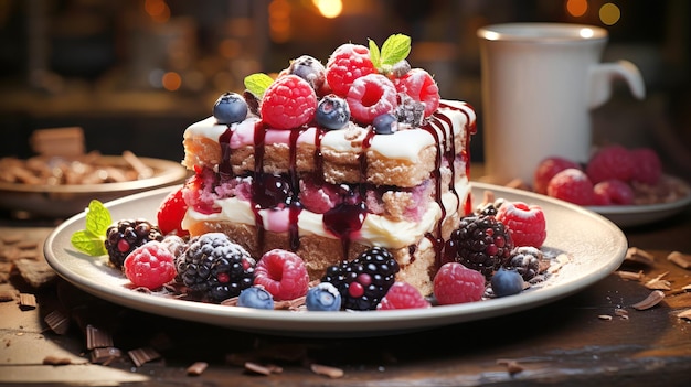 Кусочек вкусного домашнего торта на тарелке, украшенной свежими ягодами