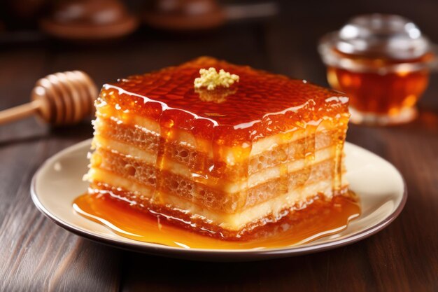 Photo slice of delicious layered honey cake served on wooden table