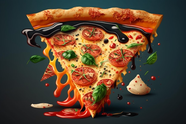 Slice of delicious pizza on dark background generative ai