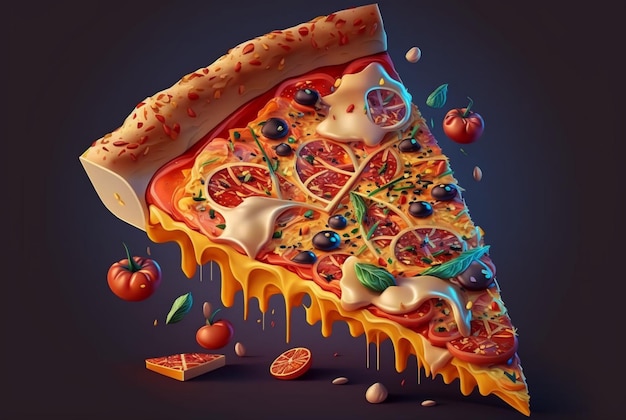 Кусок вкусной пиццы на темном фоне генеративный ай