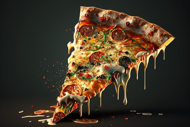 Slice of delicious pizza on dark background generative ai