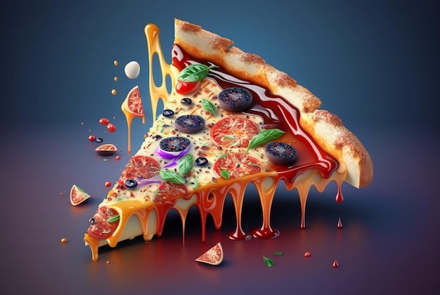 Slice of delicious pizza on dark background generative ai