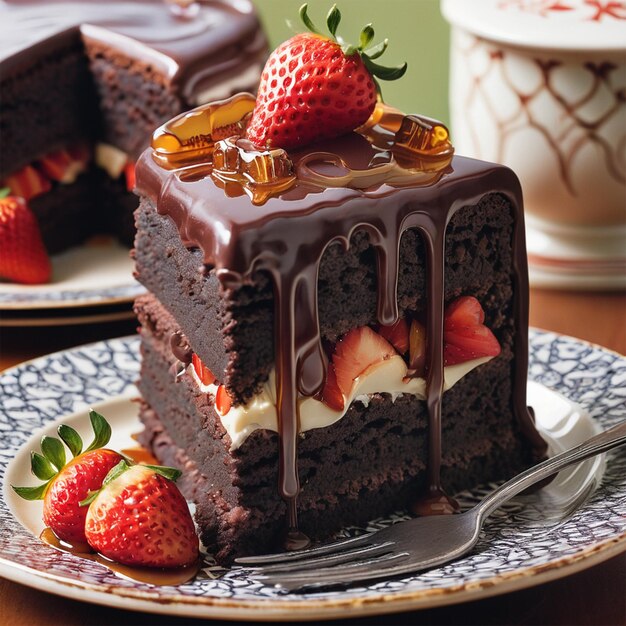 Slice of delicious slice of a chocolate cake with strawberries on it