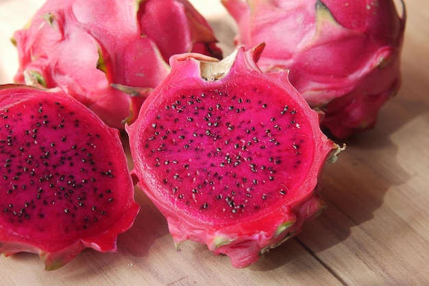 Slice of dragon fruit on a chopping board