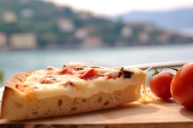 a slice of focaccia highlighting the dimpled surface golden crust and sprinkling of coarse sea sa