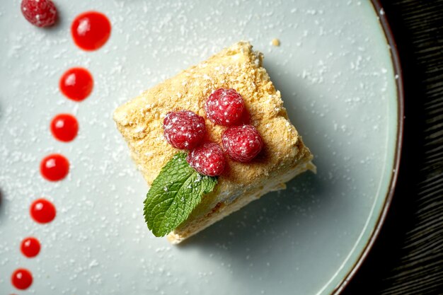 Foto una fetta di millefoglie da dessert francese con strati di pasta sfoglia e fetta di vaniglia o fetta di crema pasticcera. torta napoleonica