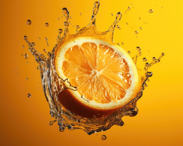 Photo slice of fresh orange with a splash of water isolated on the studio background