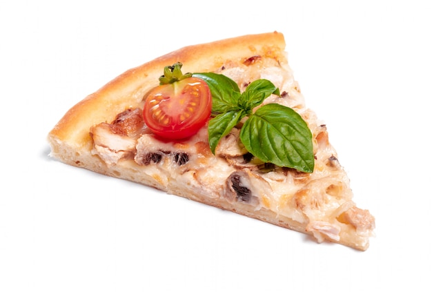 Slice of fresh pizza with pepperoni isolated on white