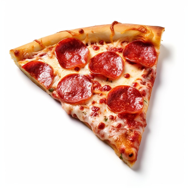 Slice of fresh pizza with pepperoni on white