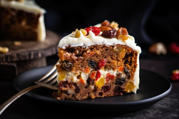 A slice of fruitcake topped with a thick layer of cream cheese icing created with generative ai