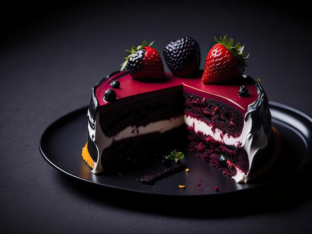 Slice of gourmet fresh berry cake on black plate ai generative