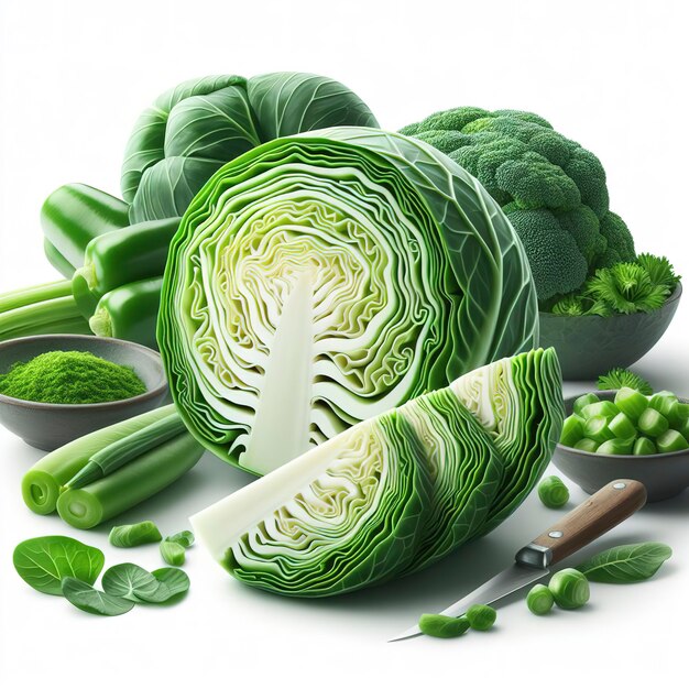Slice green cabbage on white background