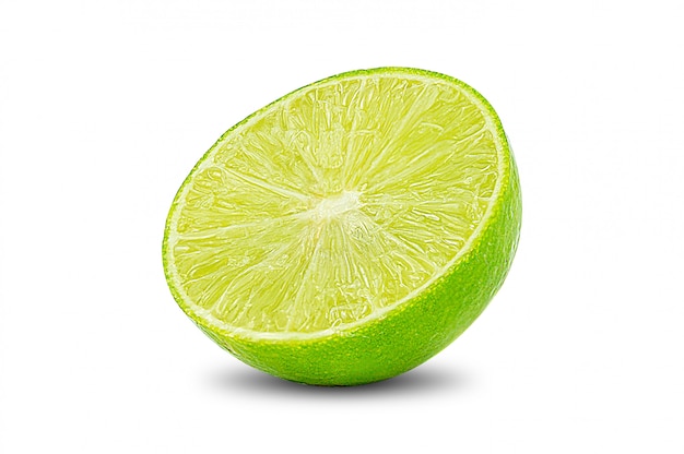 slice of green lime citrus fruit stand isolated on white