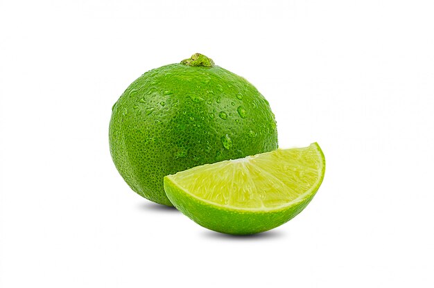 slice of green lime citrus fruit stand isolated on white